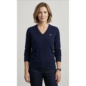 Lacoste Womens V-Neck Jumper Sweater Women Size 44 Navy Blue Cotton Long Sleeve